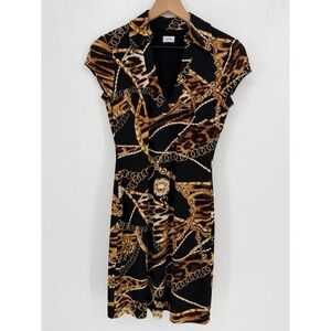 Cache Collard Mini Dress Women's Medium Black Gold Chain Animal Print V-Neck Y2K